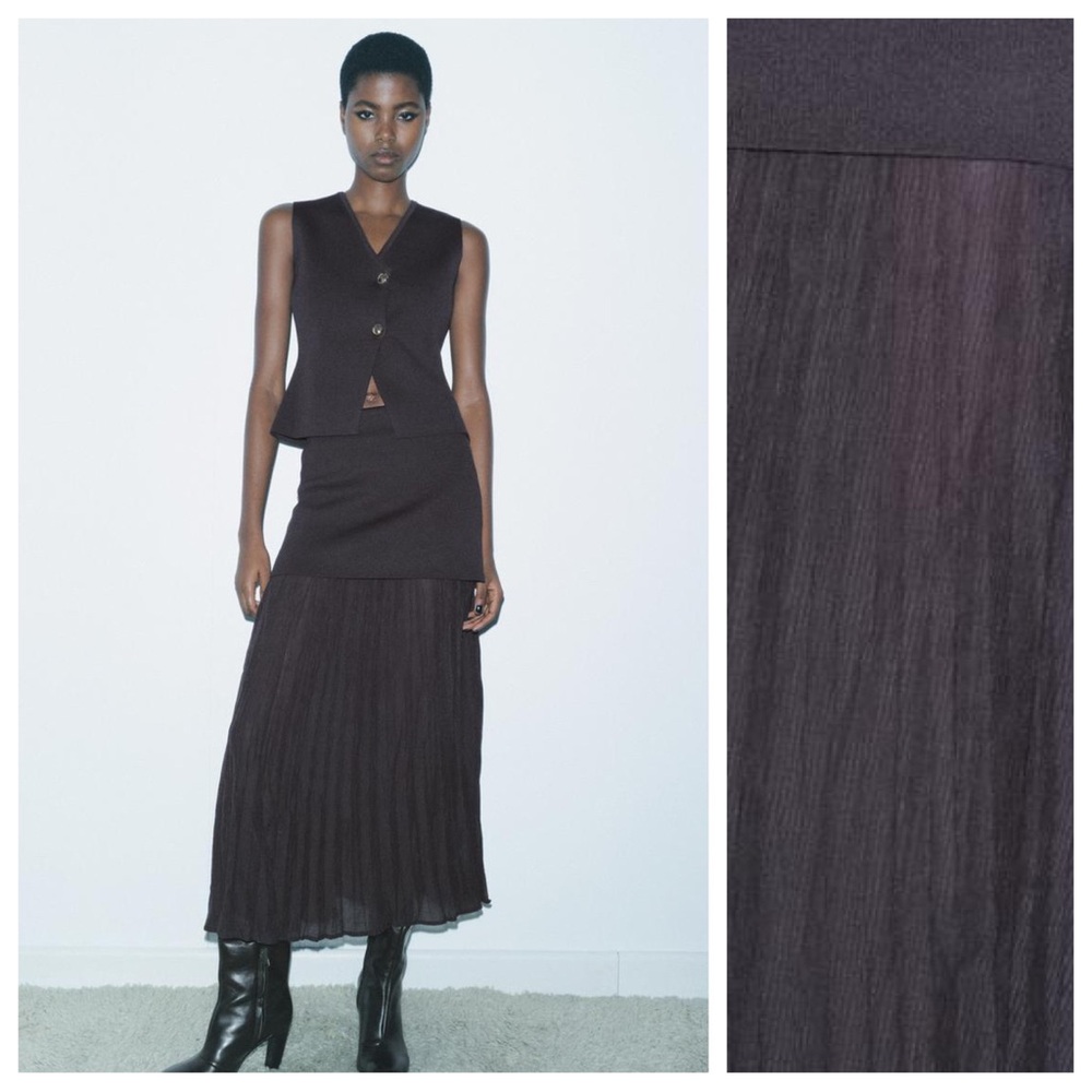 NWT. Zara Brown Pleated Semi-Sheer Midi Skirt with a High Elastic. Size S